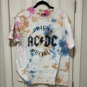 AC/DC Short Sleeve Tie-Dye Tee in White with Blue, Pink & Tan